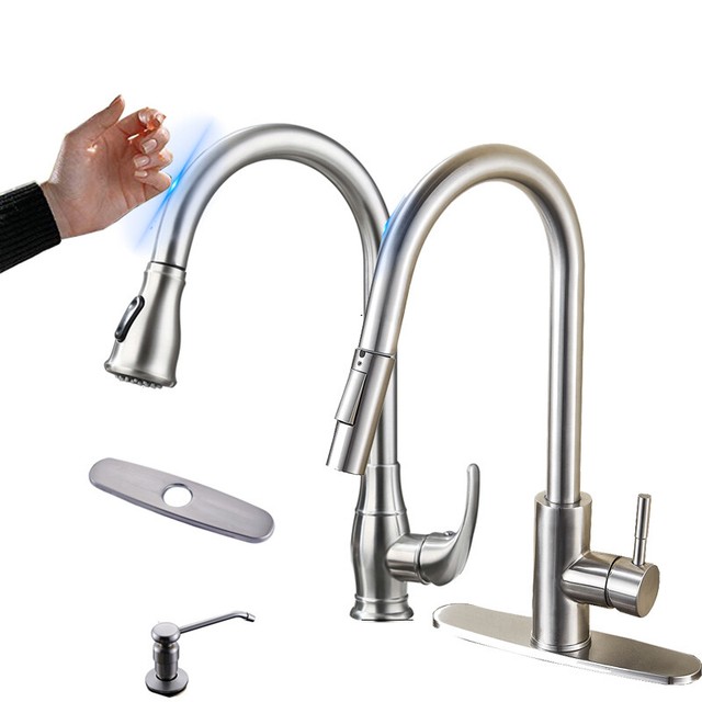 Sensor Touchless Kitchen Sink Faucet Pull Down Sprayer Brushed Nickel Mixer Tap