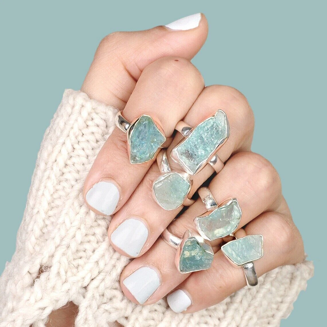 Raw Aquamarine Ring Natural Uncut Gemstone Crystal Raw Stone Ring