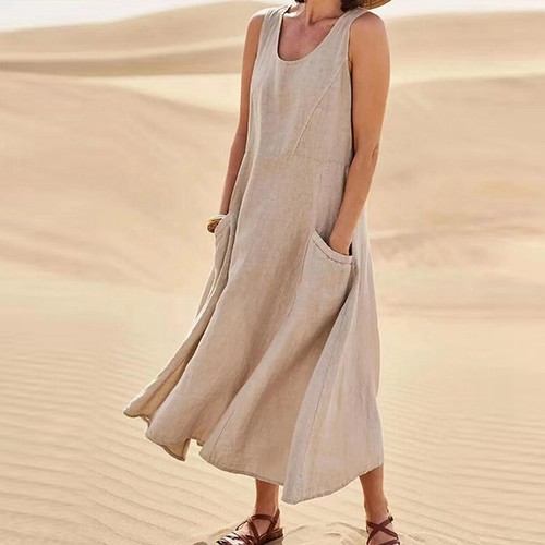 Plus Size Womens Cotton Linen Midi Dress Sleeveless Summer Beach Kaftan Sundress - Picture 11 of 20