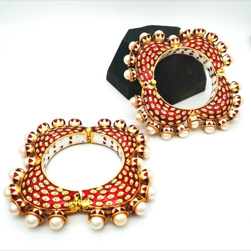 Indian Gold Tone 2 Pcs Polki Pearl Bangle Bracelet Wedding Bollywood Jewelry Set - Picture 3 of 10