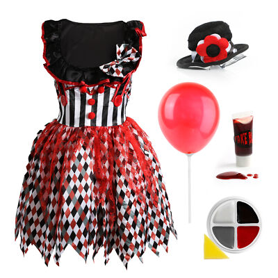 DAMEN KILLER CLOWN KOSTÜM HARLEKIN HALLOWEEN KLEID BALLON MAKEUP