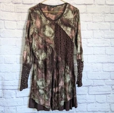 Vintage Y2K Cativa Tunic Top M Brown Green Fairycore Grunge Crochet Mini Dress