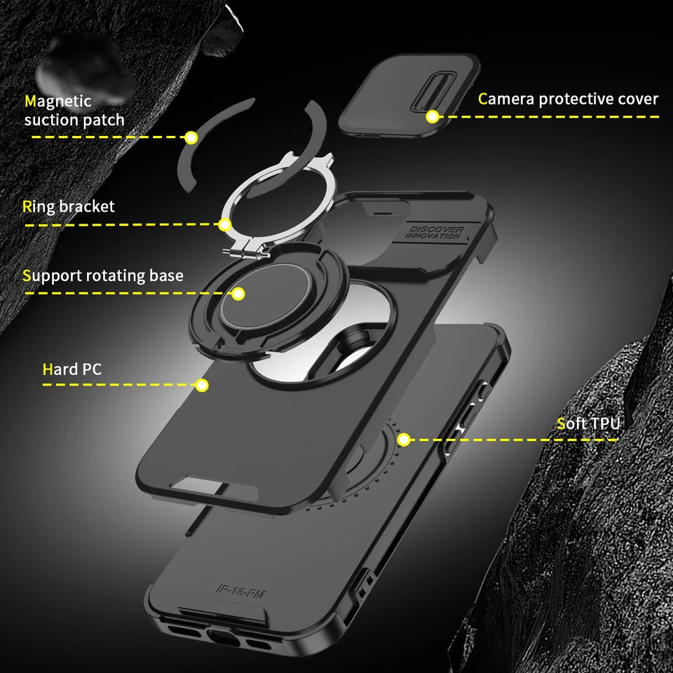 Slide Camera Lens Cover Ring Stand Phone Case For iPhone 17 Pro Max 16 15 14 13 - Image 4 of 4