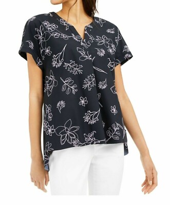 Alfani Women's Petite Collage Blouse Black Button-Back Printed V-Neck Size XS