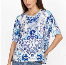 Johnny Was The Janie Favorite Blue Floral Oversized Cropped Tee Sz M