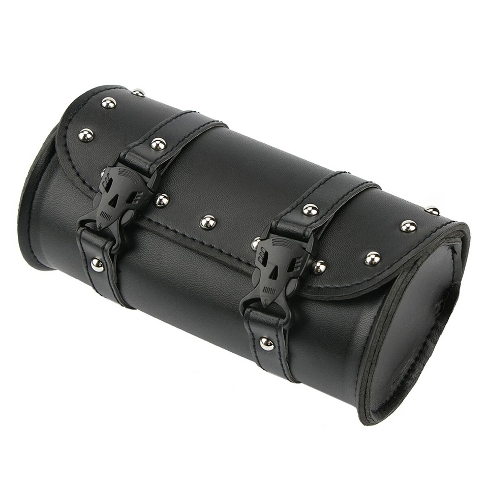 Leather Roll Barrel Saddle Bag For Motorcycle Handlebar Tool Storage Bag Black - Image 3 of 4