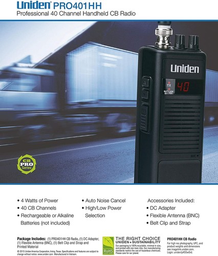Uniden PRO401HH 40 CB Channel Ręczne radio CB 4 W Transmisja Moc Nowe - Zdjęcie 2 z 6