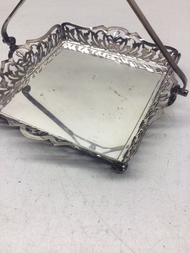 Antique Sheffield Small Square Nickel Silver Pierced Serving Basket W/ Handle - Picture 2 of 10