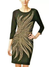 Calvin Klein Flowered Three-Quarter-Sleeve Assorted Gold Studded Dress~Brand New
