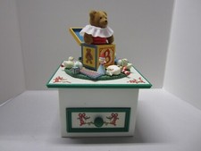 Schmid Music Box 1992 Flocked Teddy Bear Wood Music Box Plays Toy Land