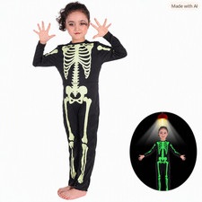 Glow In The Dark Skeleton Halloween Costume Bones One Piece Bodysuit Kids 9/10