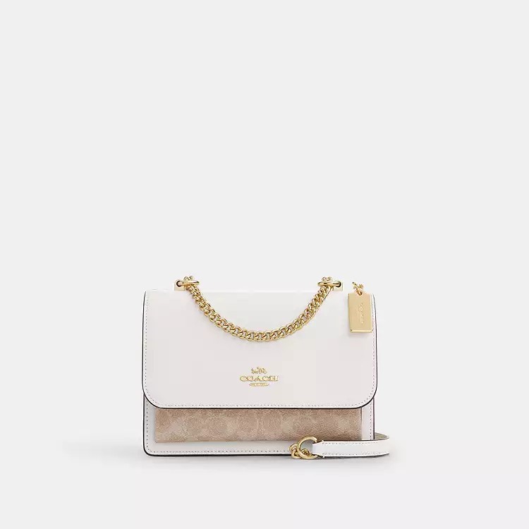 Coach White Beige Logo Crossbody Bag Gold Chain Strap Snap Closure