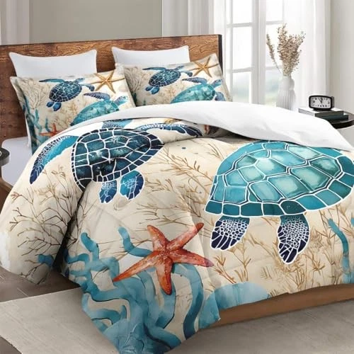 Comforter Set Size with 2 Pillowcases, Sea Turtle Coral 3 King Vintage Turtle - Image 3 of 4