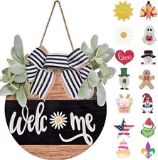 Interchangeable Seasonal Welcome Sign Front Door Decoration Rustic Round Wood