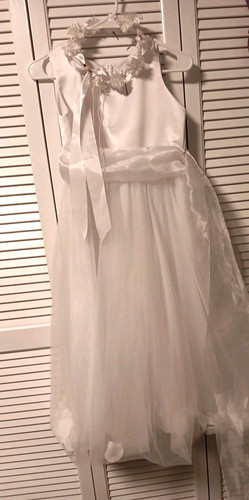BRIDAL FLOWER GIRL/Junior bridesmaid white LONG DRESS SZ 14 w/ halo headband