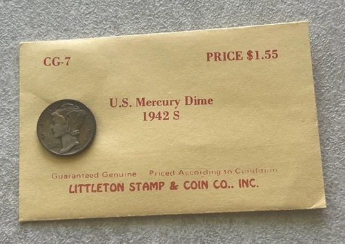 1942 S Mercury Dime - Silver - Vintage Littleton Envelope L2