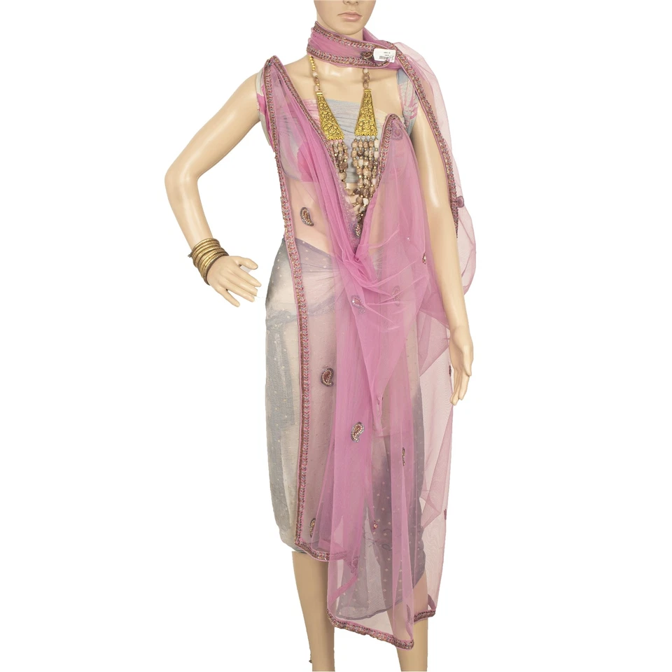 Velo bufanda con cuentas a mano malla rosa indio Dupatta/estola larga vintage sánskriti Foto 4 de 4