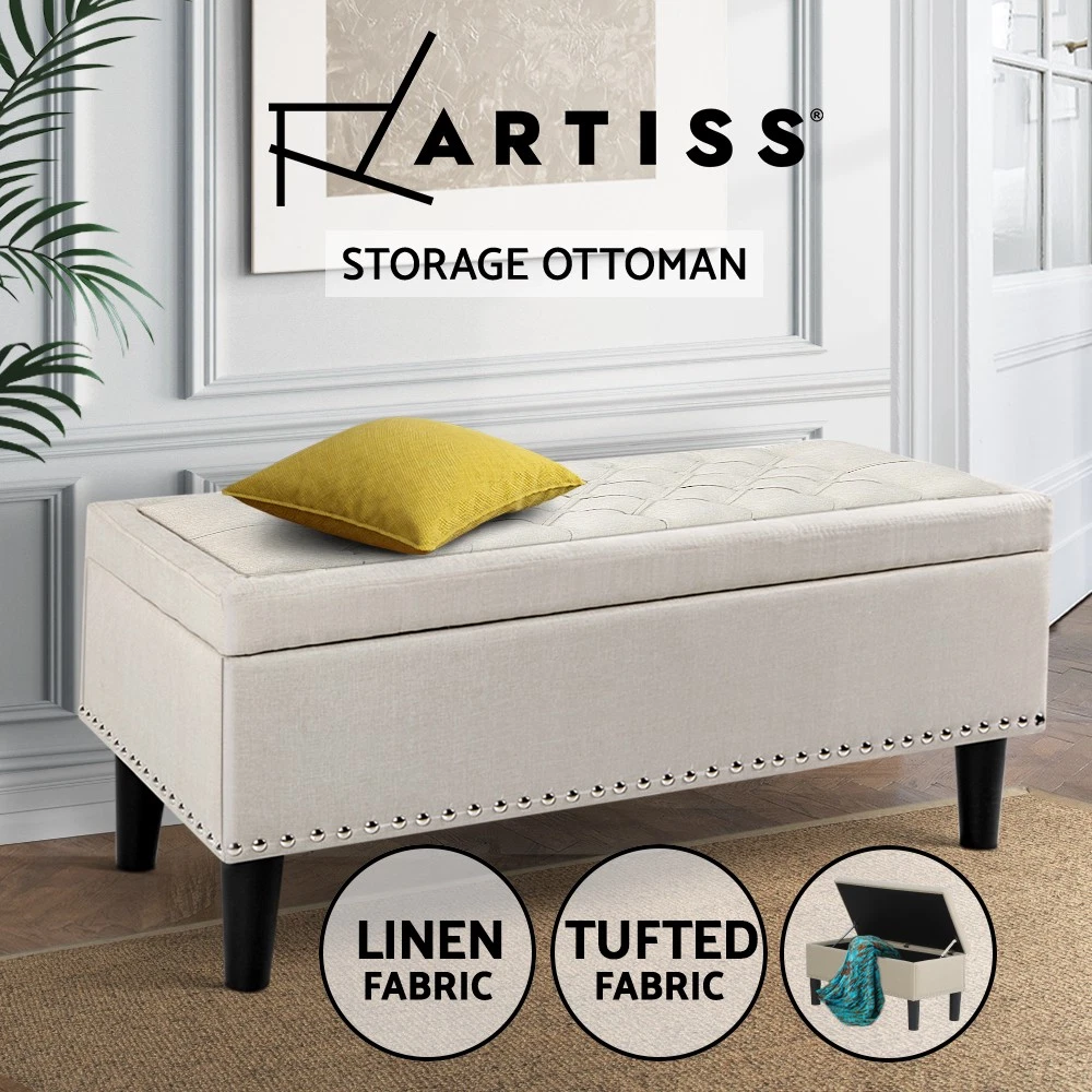 Artiss Storage Ottoman Blanket Box Bench 96cm Faux Linen Chest Foot Stool Taupe