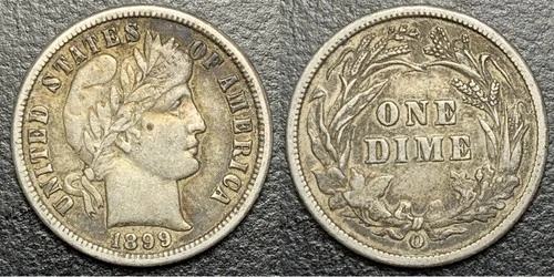 1899 O Barber Liberty Silver Dime 10c New Orleans Mint RARE Choice Original VF+