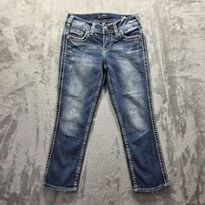Silver Jeans Suki Mid Capri Jeans Womens 27 Blue Fluid Denim Embroidered Pockets