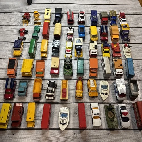 Huge Lot Of 60 Vintage Matchbox Die Cast Model Cars Service Vehicles Cops & More