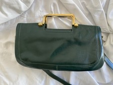 LORENZI Italy Genuine Leather Handbag Purse Vintage 1970s Top Handle Green Gold