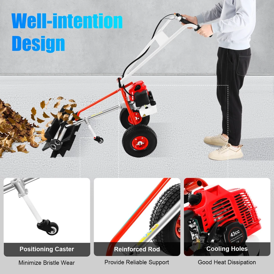 43CC 1.7HP Walk Behind Power Sweeper Broom 2-Stroke Gas Engine Sweeper Lawn Turf - Image 4 of 4