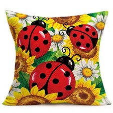 Sunflower Pillow Covers Farmhouse Decorative Throw 18 x 18-Inch Ladybugs