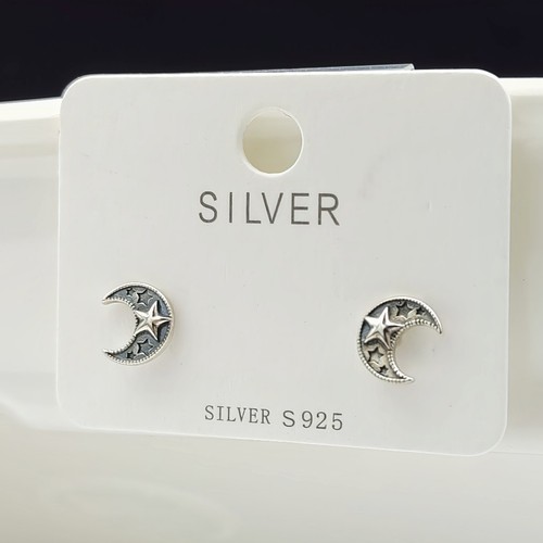 Real Solid 925 Sterling Silver Star Moon Stud Earrings - Picture 4 of 6