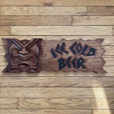 Letrero de bar Tiki madera “cerveza helada” bar playa 22”x7,5”