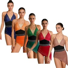 Womens Bodysuit Overlay Leotard Shiny Rhinestones Jumpsuit Color Block Latin