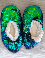 Womens Sequin Faux Fur Lined Slip-On Slippers Colorblock Green/Blue 7