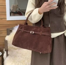 Trendy Retro Brown Suede Shoulder Bag with Buckle – Stylish & Chic