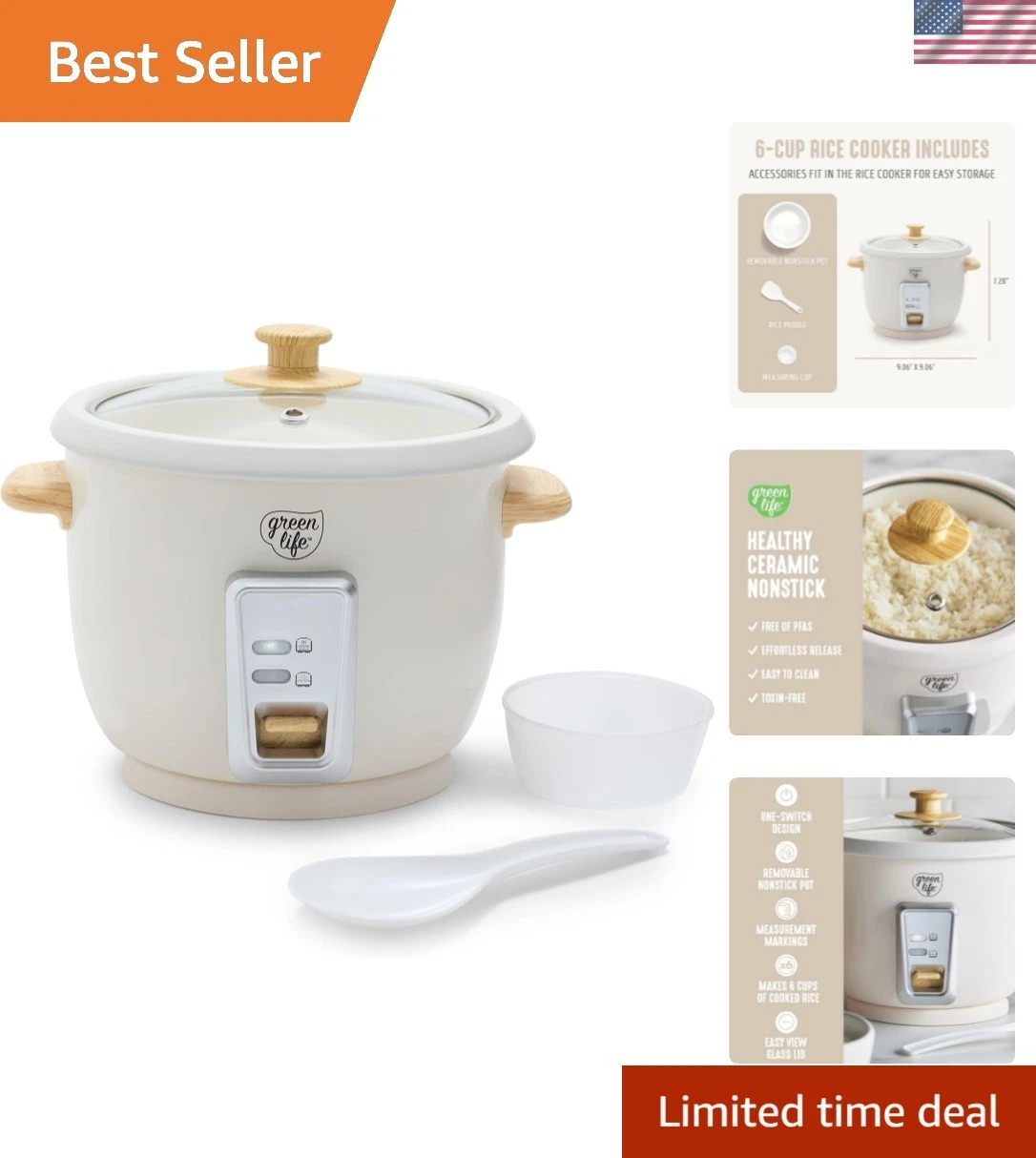 Rice Cooker with Removable PFAS-Free Ceramic Nonstick Pot, 3-Cups Uncooked/6-...