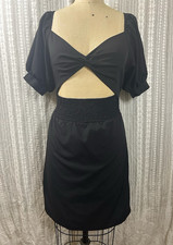 PrettyLittleThing Black Cut Out Elastic Waist V-Neck Puff Sleeve Mini Dress 10