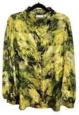Susan Graver Floral Charmeuse Top Plus Size 18W Button Up Artsy Watercolor 