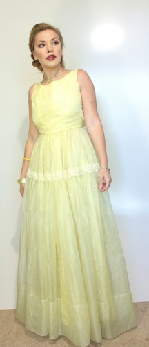 Emma Domb Yellow Prom Dress Full skirt Lemon White Lace Trim Ball Gown 1950s 60s - Picture 2 of 8