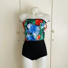 Vintage 80s 90s tropical print strapless bathers swim one piece size S good cond