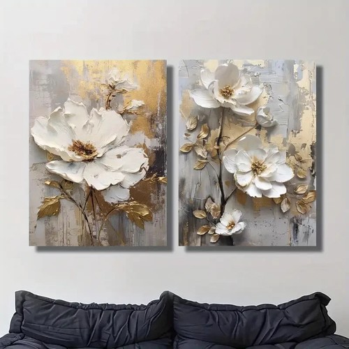 Lienzo arte de pared flores estilo pintura al óleo vintage floral blanco 2 piezas sin marco - Imagen 3 de 7