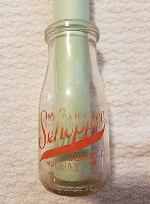 Vtg Glass Half Pint Milk Bottle Nathan F Schoppee Julian C Machias, Maine Diary 