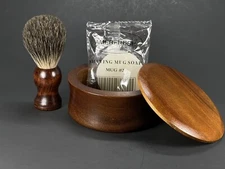 Wooden Shaving Set Badger Brush & Soap Bowl Lid Cover + Shaving Soap Cake Puck