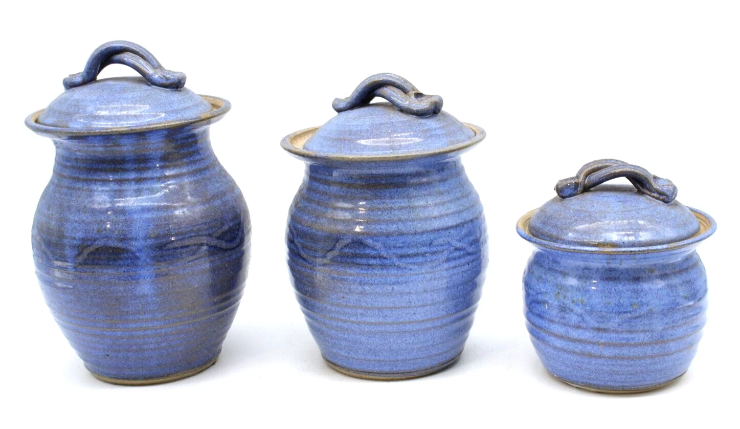 Blue Stoneware Canisters Set Of 3 With Lids Signed Jamie Deguzman