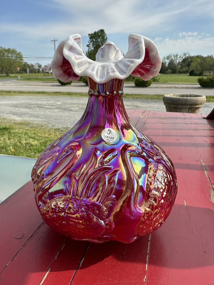 Fenton RUBY RED IRIDESCENT CARNIVAL GLASS OVERLAY SWAN