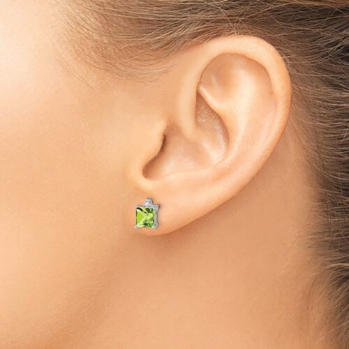 14k White Gold Princess Peridot and Diamond Stud Earrings Gift for Mother - Picture 3 of 4