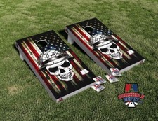 American Flag Skull Face Patriotic Cornhole Board Vinyl Wrap Laminated Decal Set