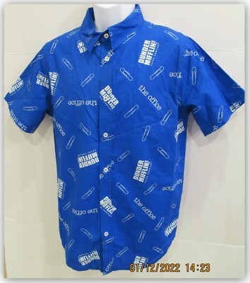 The Office Button Front Woven Short Sleeve shirt royal blue Dunder Mifflin Paper