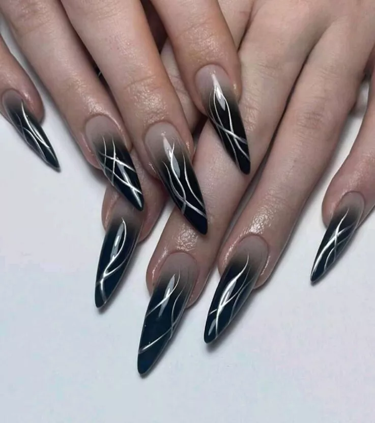 S248 24 Black Ombre Stiletto False Nails Fake Grafitti Nails Stick Press on