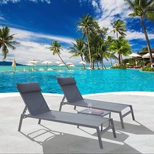 Patio Chaise Lounge Set of 3 Adjustable Steel Textilene Pool Lounge Chairs Grey