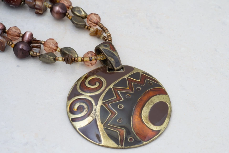 Ann Taylor коричневая эмаль золото осень племенной латуни подвеска Funky заявление бисером - Изображение 4 из 4