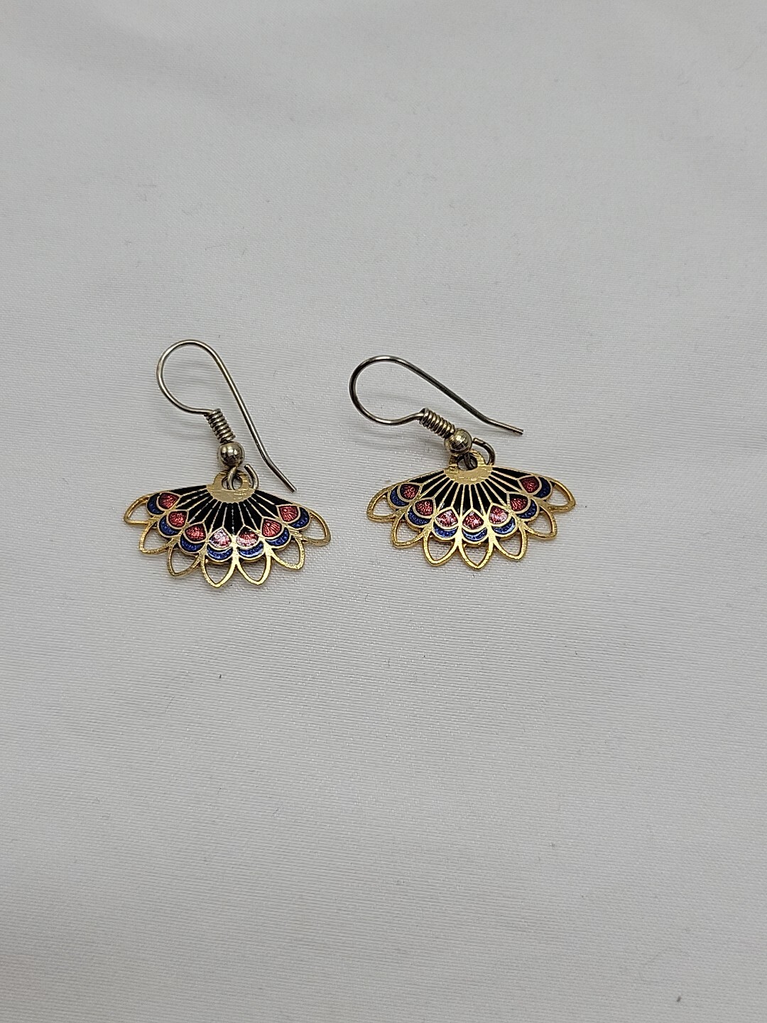 Enamel Earrings Vintage Gold Tone Multicolor Fan Peacock Dangle Drop